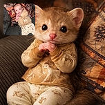 A wide-eyed baby lies on a cozy, patterned blanket atop a ribbed couch, wearing adorable animal-themed pajamas and looking curiously at the camera with tiny hands clasped together.
