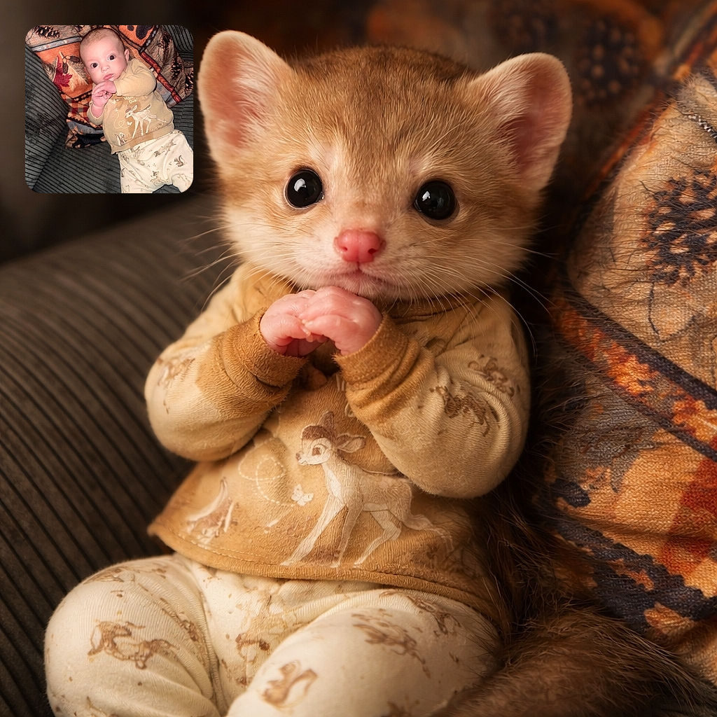 A wide-eyed baby lies on a cozy, patterned blanket atop a ribbed couch, wearing adorable animal-themed pajamas and looking curiously at the camera with tiny hands clasped together.