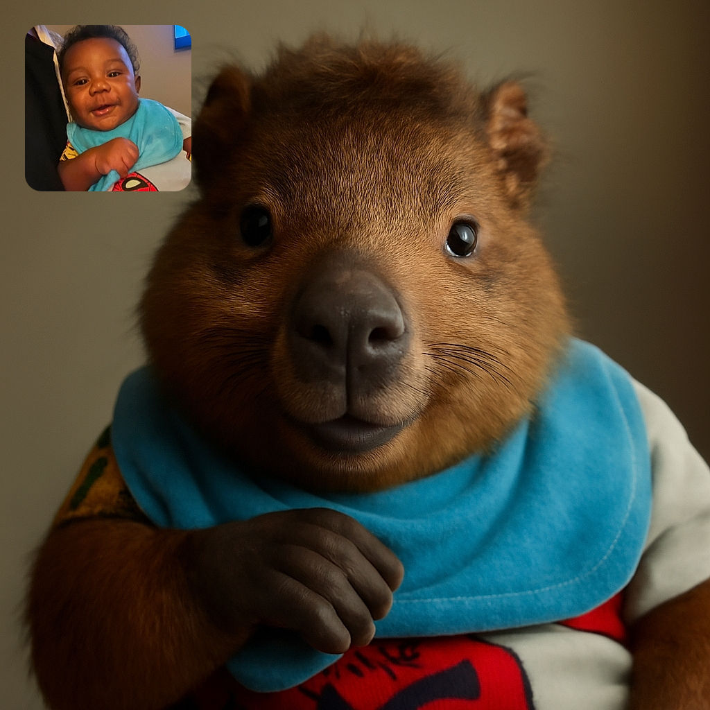A joyful baby with a bright smile is wearing a colorful Spiderman bib, holding onto a blue cloth. The background is softly lit with a hint of a window on the right, capturing a warm and candid moment indoors.