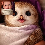 A close-up photo of a baby wrapped in a cozy white blanket with moon and star embroidery, wide-eyed and curious, with a soft purple background adding to the warmth and innocence of the moment.