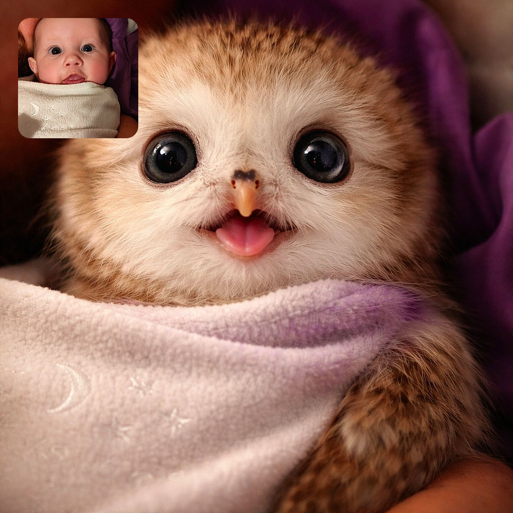 A close-up photo of a baby wrapped in a cozy white blanket with moon and star embroidery, wide-eyed and curious, with a soft purple background adding to the warmth and innocence of the moment.