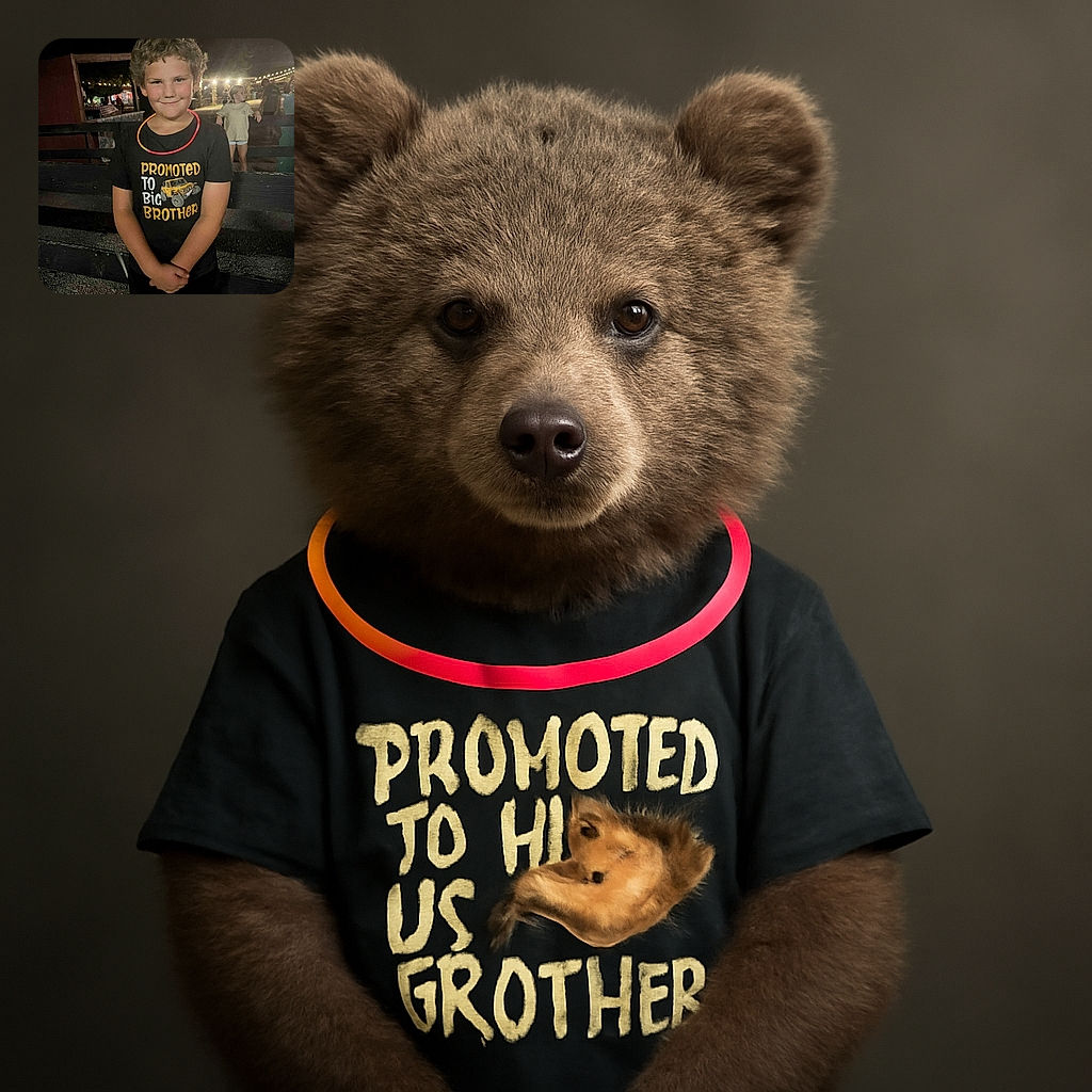 A cheerful young boy proudly stands with a shy smile, wearing a black shirt that announces his new role as a big brother. The night scene is lit by soft string lights in the background, with another child casually leaning on a fence, adding to the festive atmosphere.