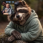 A cheerful baby wearing a cute bear-patterned sweater is happily sitting on an adult's lap outdoors, with the adult smiling warmly behind dark sunglasses. The sunny day and bare trees create a cozy springtime vibe.