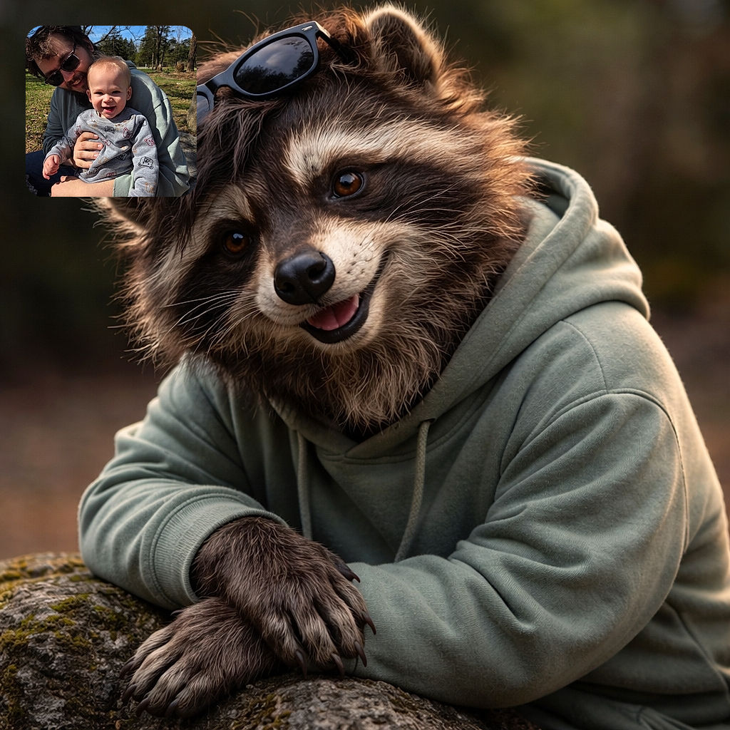 A cheerful baby wearing a cute bear-patterned sweater is happily sitting on an adult's lap outdoors, with the adult smiling warmly behind dark sunglasses. The sunny day and bare trees create a cozy springtime vibe.
