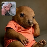 A cute baby lying on a bed with a light blue pillow, wearing a peach-colored outfit, looking curiously at the camera with a calm expression.