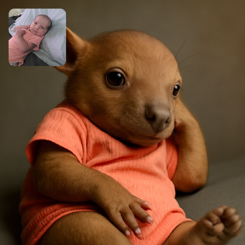 A cute baby lying on a bed with a light blue pillow, wearing a peach-colored outfit, looking curiously at the camera with a calm expression.