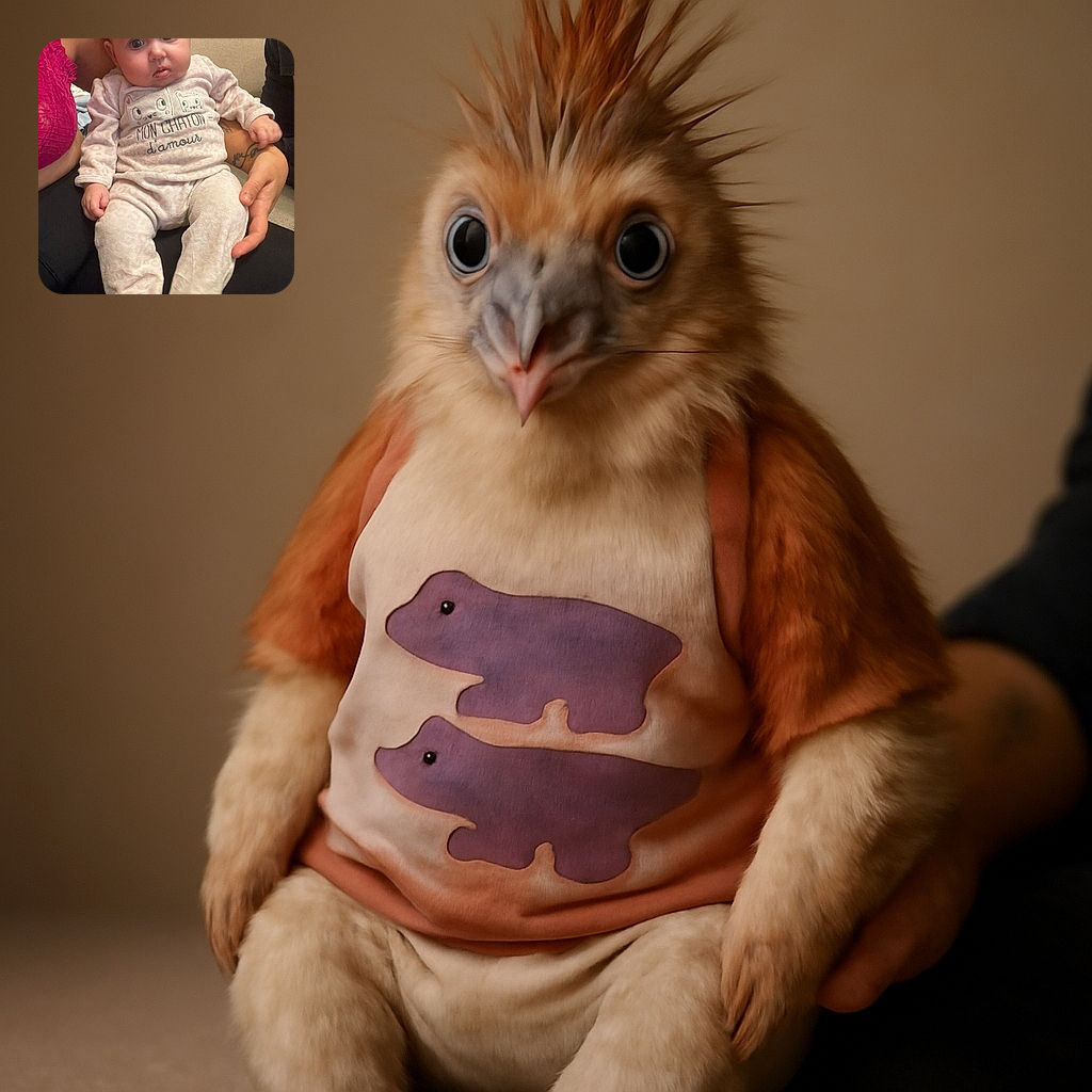 A chubby-cheeked baby in cozy pajamas sits comfortably on a lap, looking curiously at the camera with wide eyes. The soft lighting highlights the baby's smooth skin and the adorable cartoon cat design on the outfit, while tattooed arms gently support the little one.