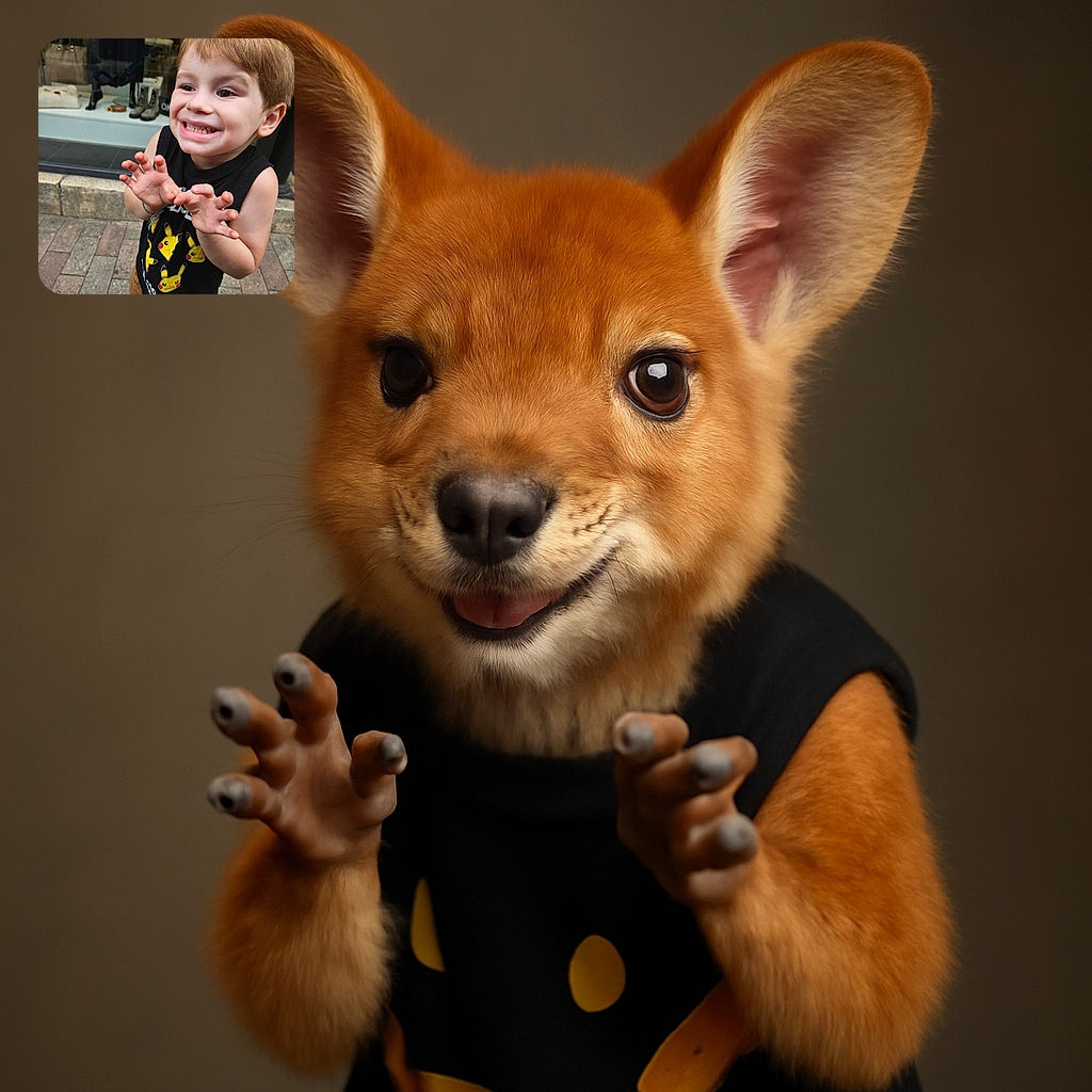 A cheerful young child with bright eyes and a wide smile strikes a playful claw pose while standing on a stone-paved sidewalk in front of a shop window displaying boots and handbags.