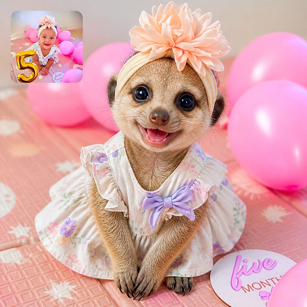 A delighted baby beams at the camera while surrounded by a pink balloon squad, wearing a giant flower headband and posing beside a shiny golden number five. It is less a birthday photo and more a tiny celebration boss making sure everyone knows the party budget went into balloons.