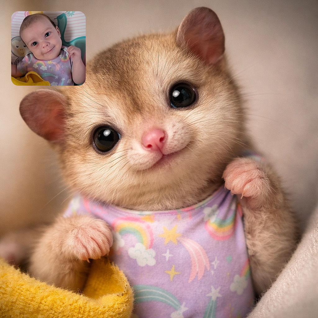 A charming baby with sparkling eyes and a slight smile is lying on a colorful play mat adorned with cute animal illustrations and rainbows, holding a bright yellow cloth, radiating pure innocence and joy.