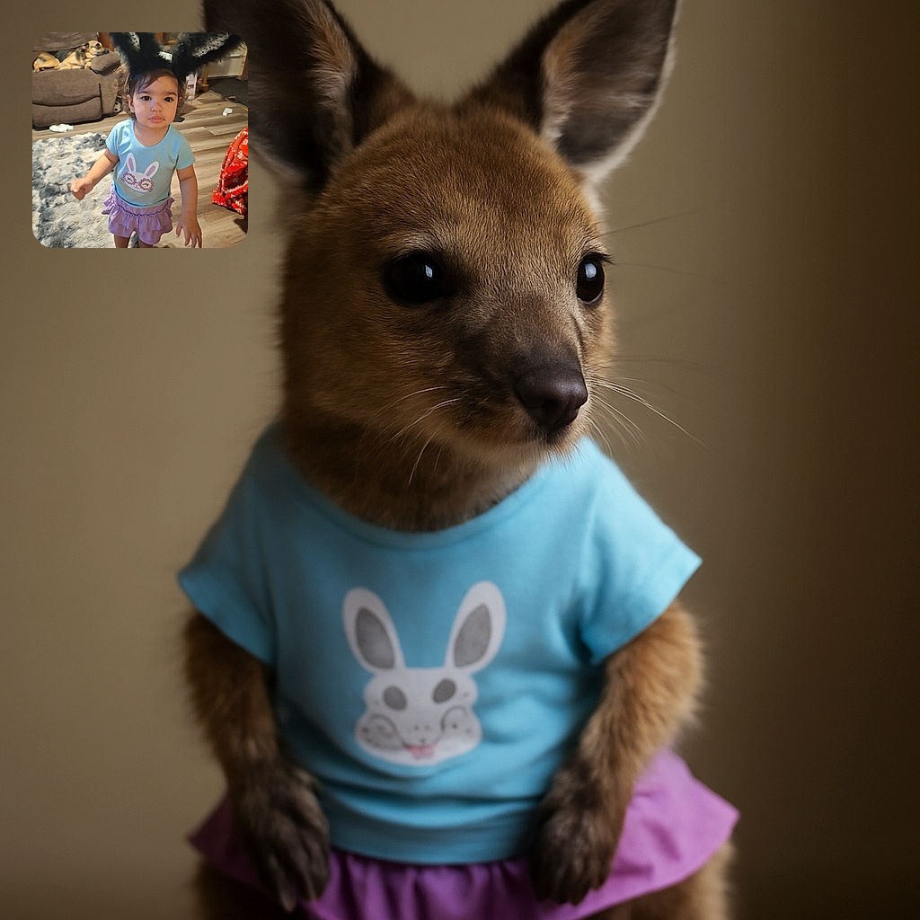 A toddler wearing oversized fluffy black bunny ears and a cute bunny-printed shirt stands barefoot on a cozy rug in a living room with a relaxed dog lounging on a brown couch in the background. The child looks curiously at the camera, surrounded by a lived-in home environment with warm lighting.