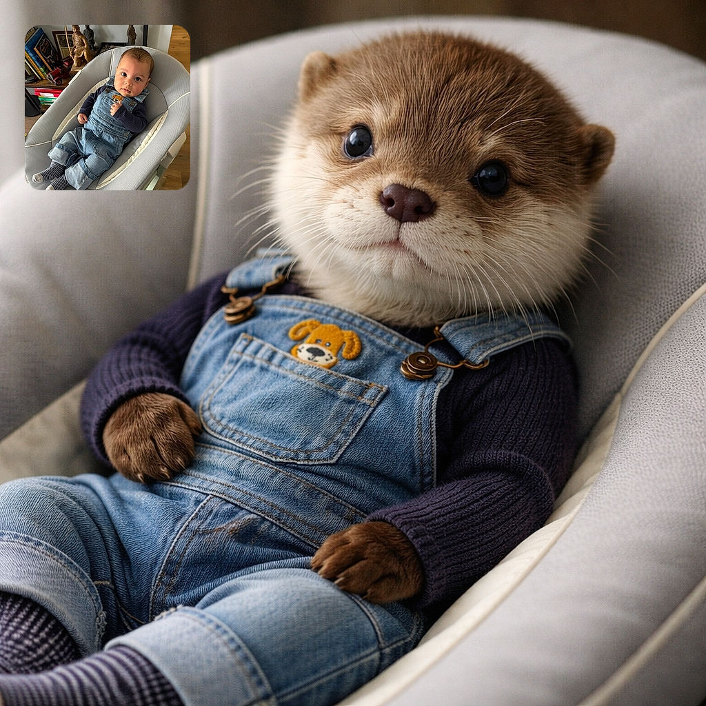 A cherubic baby lounges in a cushy bouncer wearing denim overalls and striped socks, staring at the camera with big curious eyes as if negotiating snack time or world peace. Background shelf full of books, a tiny toy car and wooden statues add eclectic grown-up flair while the little one steals the scene with an irresistible pout and one determined thumb-up-for-comfort.