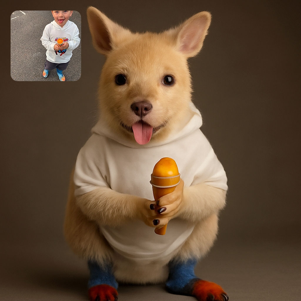 A cheeky young child with blonde hair and blue eyes sticks out their tongue playfully while holding an orange toy or snack, standing on a paved street wearing a white Spider-Man hoodie and colorful blue and orange boots.