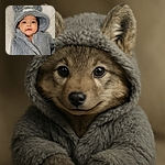 A wide-eyed baby wrapped snugly in a fluffy grey hooded outfit with adorable bear ears, looking curiously at the camera while lying on a soft white surface.