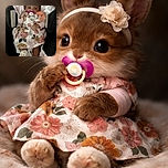 A sweet baby dressed in a floral dress and cozy white booties lounges comfortably in a cushioned carrier, sporting a pacifier and a delicate headband with a flower, looking curiously at the camera.