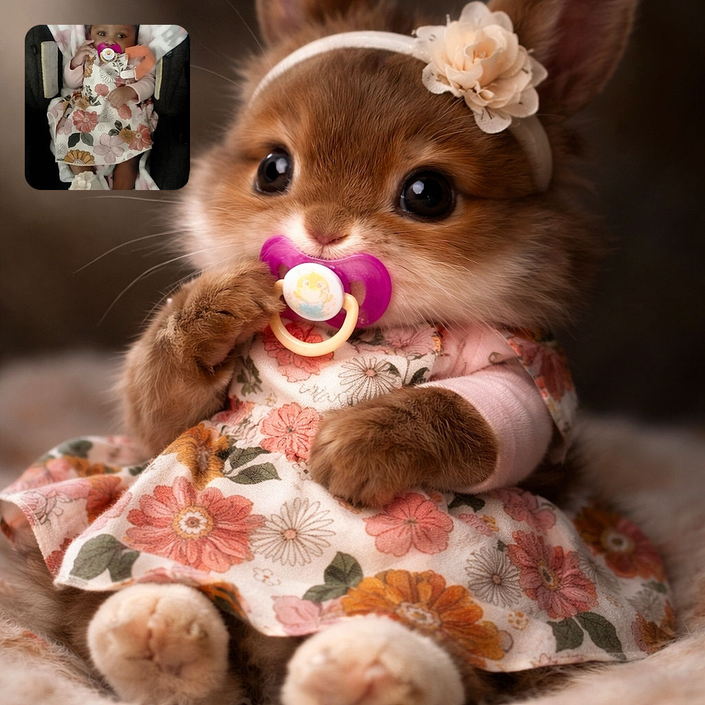 A sweet baby dressed in a floral dress and cozy white booties lounges comfortably in a cushioned carrier, sporting a pacifier and a delicate headband with a flower, looking curiously at the camera.