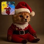 A chubby-cheeked baby dressed as Santa Claus lies contentedly on a white sheet under a Christmas tree adorned with shiny ornaments, surrounded by glowing yellow gift boxes, with a festive 'Merry Christmas' message faintly visible in the background.