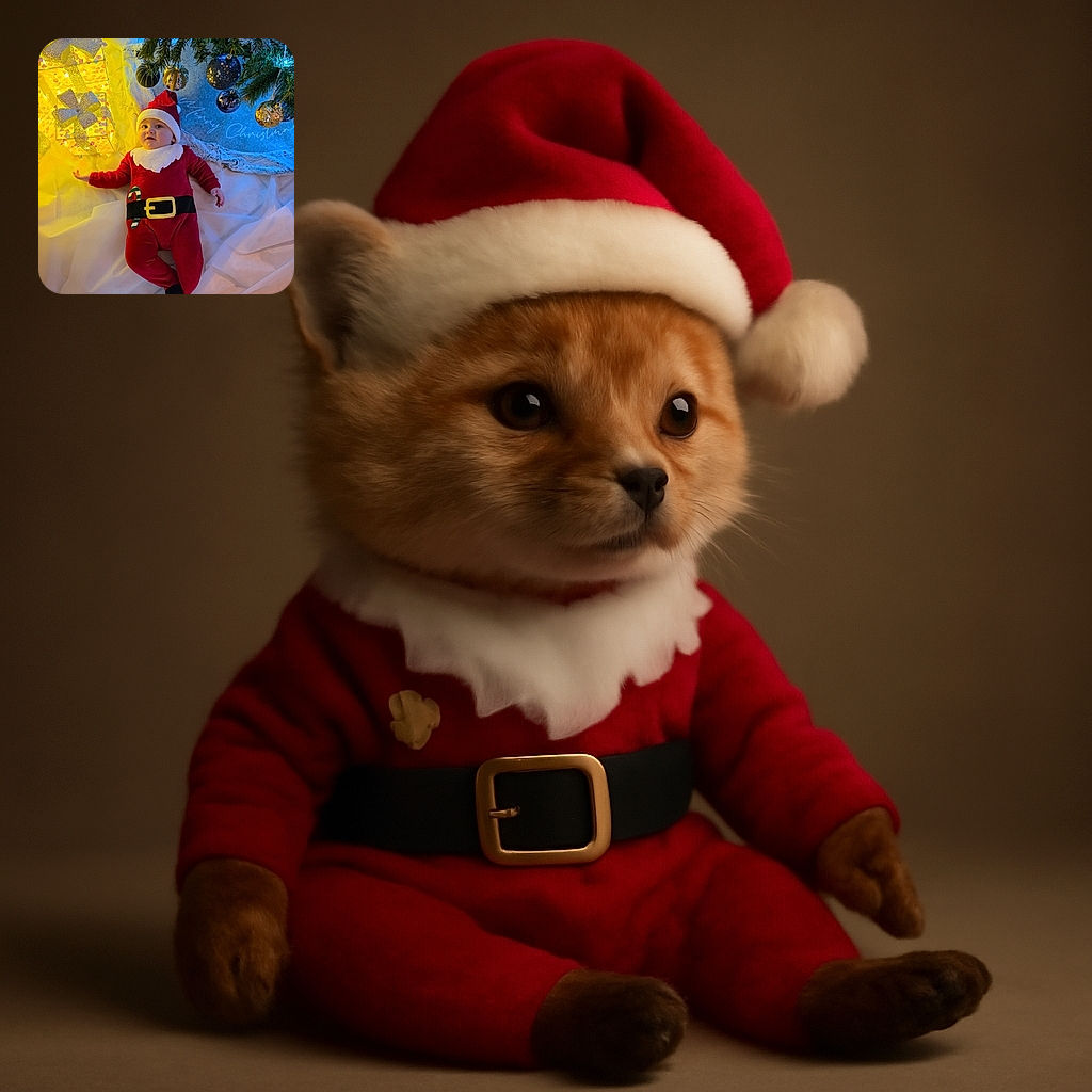 A chubby-cheeked baby dressed as Santa Claus lies contentedly on a white sheet under a Christmas tree adorned with shiny ornaments, surrounded by glowing yellow gift boxes, with a festive 'Merry Christmas' message faintly visible in the background.