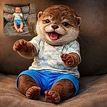 A joyful baby is sitting on a plush brown couch, arms waving excitedly and a big smile lighting up the face, making the scene warm and full of happiness.