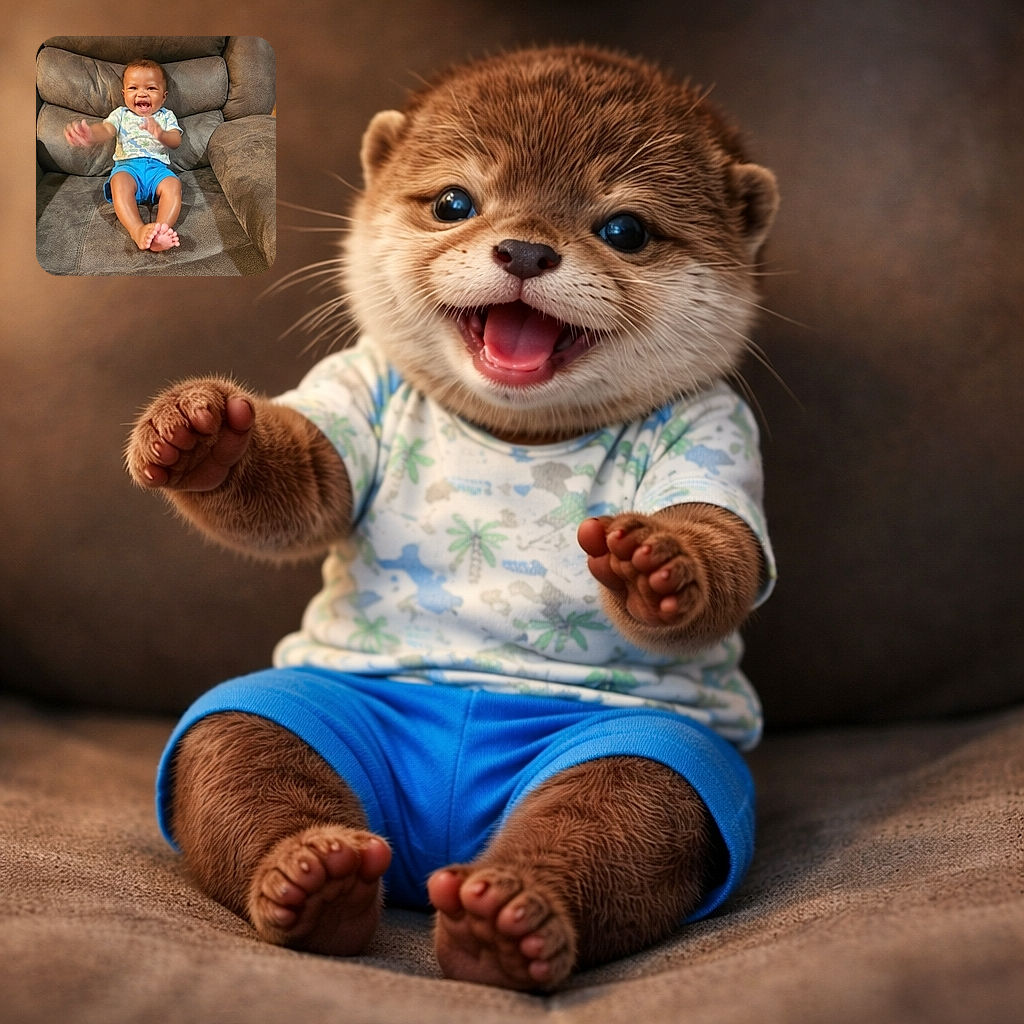 A joyful baby is sitting on a plush brown couch, arms waving excitedly and a big smile lighting up the face, making the scene warm and full of happiness.