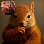 A close-up of an adorable baby with bright blue eyes chewing on their hand, dressed in a cozy brown ribbed sweater, resting on someone's shoulder with a blurred background.
