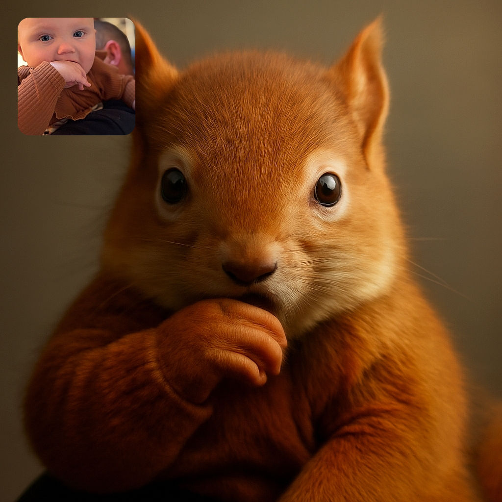 A close-up of an adorable baby with bright blue eyes chewing on their hand, dressed in a cozy brown ribbed sweater, resting on someone's shoulder with a blurred background.