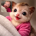 A happy baby wrapped in a cozy white blanket, wearing a vibrant pink outfit, smiling brightly while seated in a cushioned chair with a soft yellow and white background.