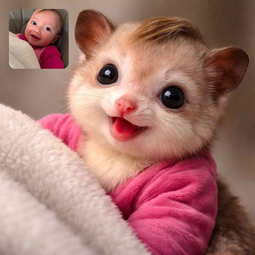 A happy baby wrapped in a cozy white blanket, wearing a vibrant pink outfit, smiling brightly while seated in a cushioned chair with a soft yellow and white background.