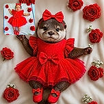 A baby in a spectacular red polka-dot dress, matching bow, and tiny Mary Jane shoes lies like the guest of honor at a floral red-carpet event, surrounded by roses and looking completely ready for a very serious fashion interview.