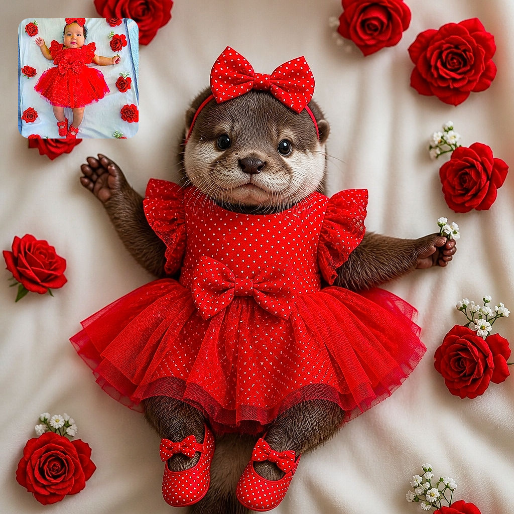 A baby in a spectacular red polka-dot dress, matching bow, and tiny Mary Jane shoes lies like the guest of honor at a floral red-carpet event, surrounded by roses and looking completely ready for a very serious fashion interview.
