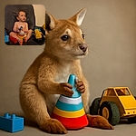 A curious toddler sits shirtless on a comfy dark armchair, surrounded by colorful toys and blocks, deeply focused on stacking a rainbow ring tower while gazing off to the side as if pondering the mysteries of the universe.