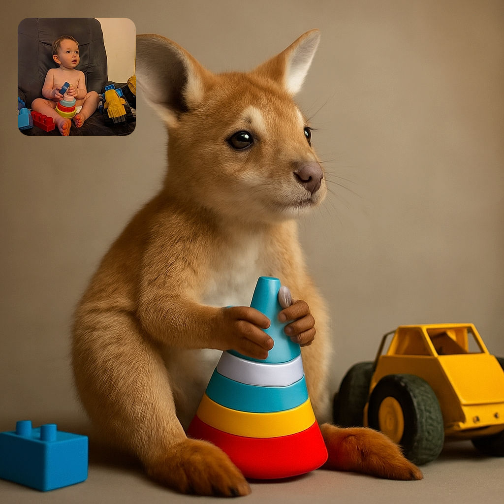A curious toddler sits shirtless on a comfy dark armchair, surrounded by colorful toys and blocks, deeply focused on stacking a rainbow ring tower while gazing off to the side as if pondering the mysteries of the universe.
