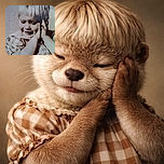 A vintage-style photo of a young child with a bowl haircut, seemingly upset or crying, holding their hands to their face. The image has a sepia tone and a soft focus, giving it an old-fashioned, nostalgic feel.