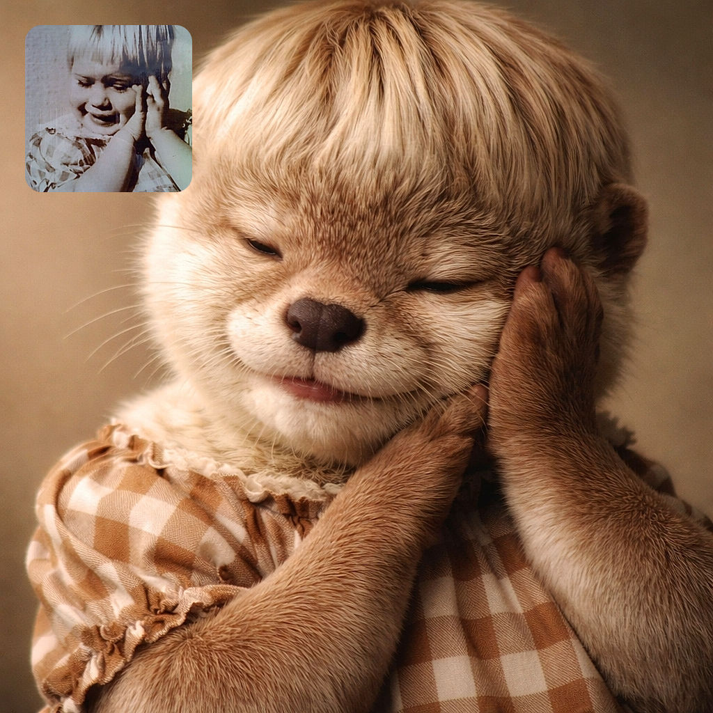 A vintage-style photo of a young child with a bowl haircut, seemingly upset or crying, holding their hands to their face. The image has a sepia tone and a soft focus, giving it an old-fashioned, nostalgic feel.