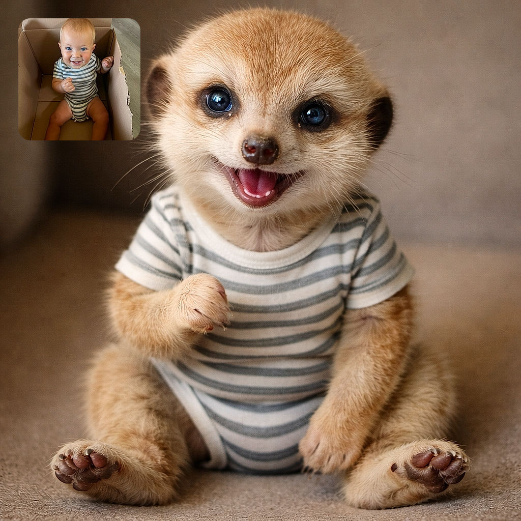 A gleeful baby sits like the ruler of Cardboard Kingdom — striped onesie, big blue eyes, two tiny teeth on display, and a triumphant fist as if declaring 'I fit perfectly.' The box makes a surprisingly dramatic throne against a wood floor.