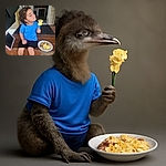 A curly-haired child in a blue shirt enjoys a forkful of scrambled eggs while sitting on wooden steps outside, with a tablet propped up nearby and a paper plate full of food beside them.