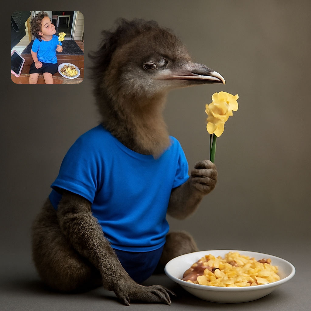 A curly-haired child in a blue shirt enjoys a forkful of scrambled eggs while sitting on wooden steps outside, with a tablet propped up nearby and a paper plate full of food beside them.