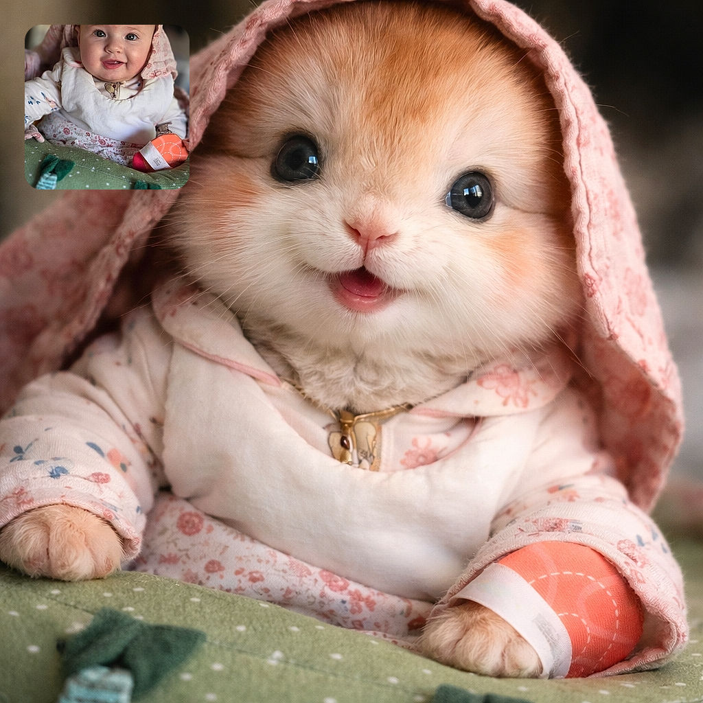 A gummy-toothed baby grin steals the spotlight — wrapped in a cozy hood, propped in a green bouncer and clutching a bright orange toy as if auditioning for CEO of Cuteness.