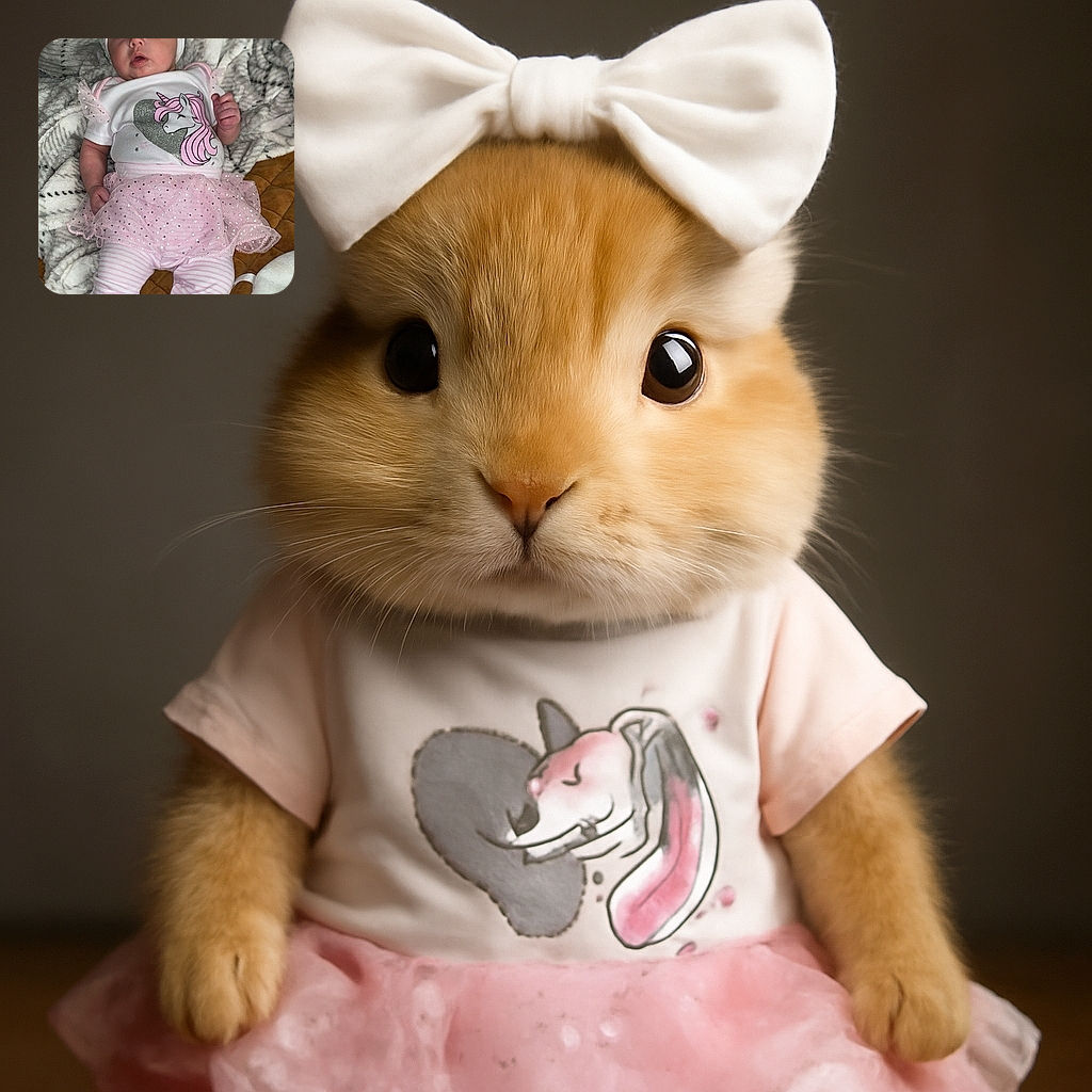 A cute baby dressed in a sparkly pink tutu and striped leggings lounges on a cozy blanket, sporting a big white bow headband and a unicorn shirt, looking curiously at the camera with wide eyes.