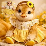 A wide‑eyed baby in a sunny yellow dress and matching headband stares up like a tiny sunflower inspector — surrounded by plush clouds and daisy prints, the scene is soft, bright and irresistibly squishable.