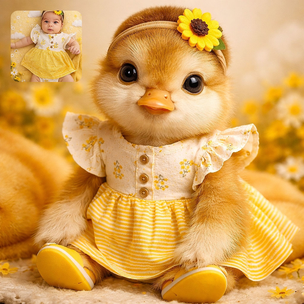 A wide‑eyed baby in a sunny yellow dress and matching headband stares up like a tiny sunflower inspector — surrounded by plush clouds and daisy prints, the scene is soft, bright and irresistibly squishable.