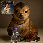 A curious toddler with sparkling eyes and a tiny amber necklace sits on a tiled floor gripping a large plastic bottle, ready to turn it into a new favorite toy. The background shows a cozy indoor setting with baby gear and soft lighting highlighting the child's adorable expression.