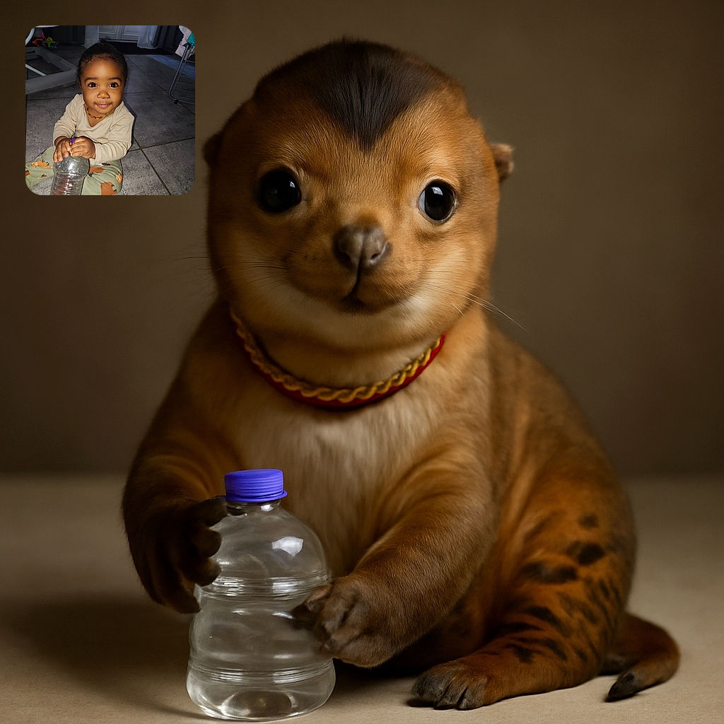 A curious toddler with sparkling eyes and a tiny amber necklace sits on a tiled floor gripping a large plastic bottle, ready to turn it into a new favorite toy. The background shows a cozy indoor setting with baby gear and soft lighting highlighting the child's adorable expression.