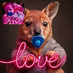 A cute baby with a blue pacifier is cozily dressed in a patterned onesie, surrounded by a soft pink blanket. The photo is artistically enhanced with a glowing pink neon light effect spelling out 'love' with a heart shape swirling above, adding a warm, affectionate vibe.