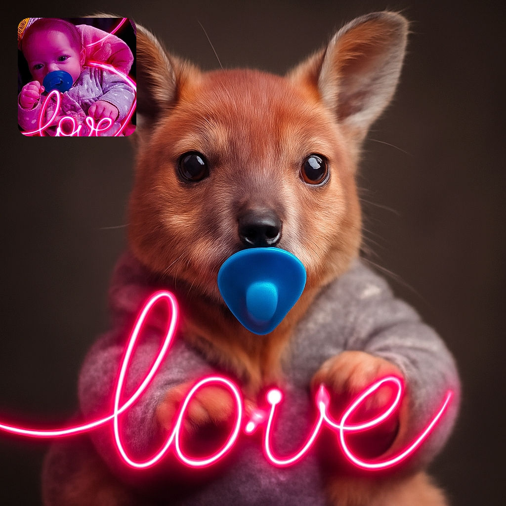 A cute baby with a blue pacifier is cozily dressed in a patterned onesie, surrounded by a soft pink blanket. The photo is artistically enhanced with a glowing pink neon light effect spelling out 'love' with a heart shape swirling above, adding a warm, affectionate vibe.