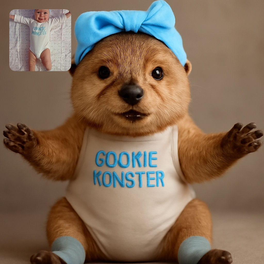 A smiling baby wearing a blue headband and a white onesie that says 'COOKIE MONSTER' is joyfully lying on a blanket covered in repeating 'i love you' text, arms spread wide as if ready to give the world a big hug.