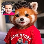 A cheerful young boy with stylish curly hair and a bright red shirt featuring a camo bear and the word 'ADVENTURE' smiles warmly at the camera, with a cozy indoor background including furniture and decor.