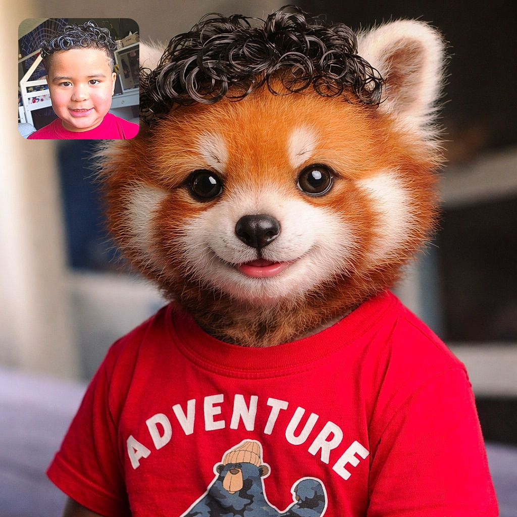 A cheerful young boy with stylish curly hair and a bright red shirt featuring a camo bear and the word 'ADVENTURE' smiles warmly at the camera, with a cozy indoor background including furniture and decor.