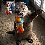 A cheerful little child holds up a bright orange-and-blue sippy cup like a tiny beverage champion, while reaching toward the window and giving the camera an irresistibly proud smile. Sunlight, carpet, shutters, and a plush toy complete the cozy indoor scene.