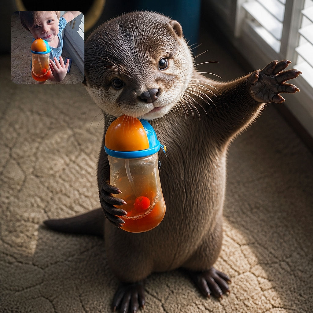 A cheerful little child holds up a bright orange-and-blue sippy cup like a tiny beverage champion, while reaching toward the window and giving the camera an irresistibly proud smile. Sunlight, carpet, shutters, and a plush toy complete the cozy indoor scene.